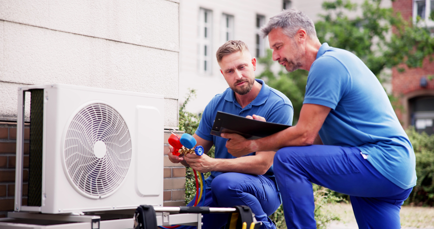 Maintenance specialist with a federal certificate checks the functionality of an air conditioning system.