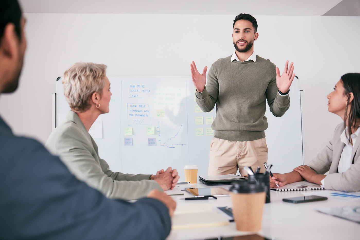 Eine Führungsperson erläutert seine Idee an einer Management-Sitzung seinen Arbeitskollegen/-innen.