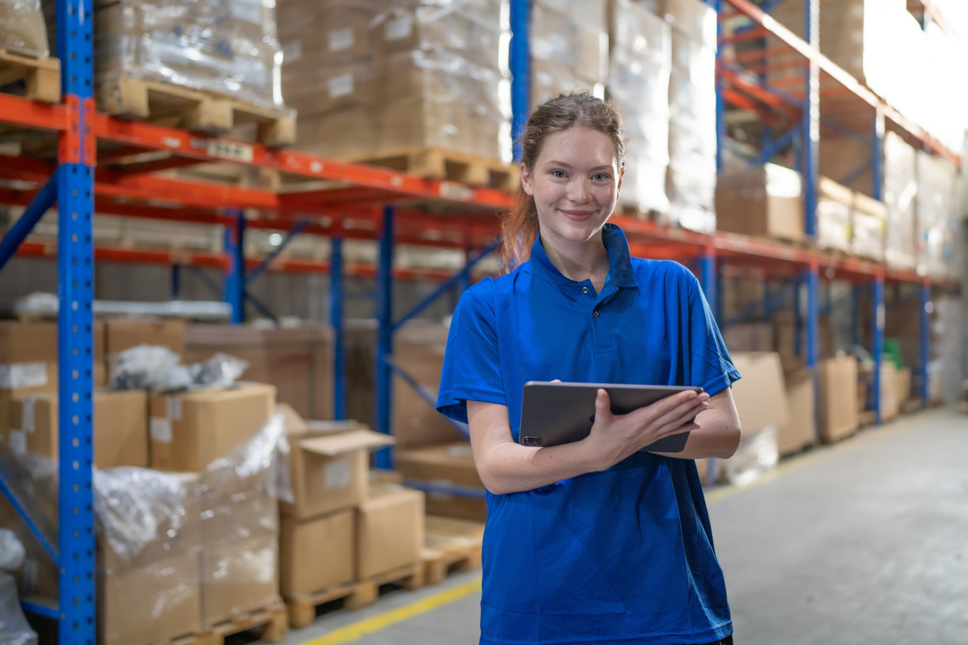 Un addetto alla logistica controlla i livelli delle scorte su un tablet.