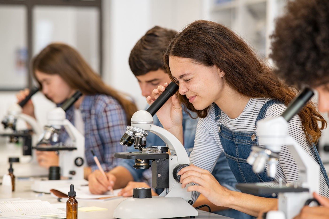 A pupil looks at a plant sample through the microscope.