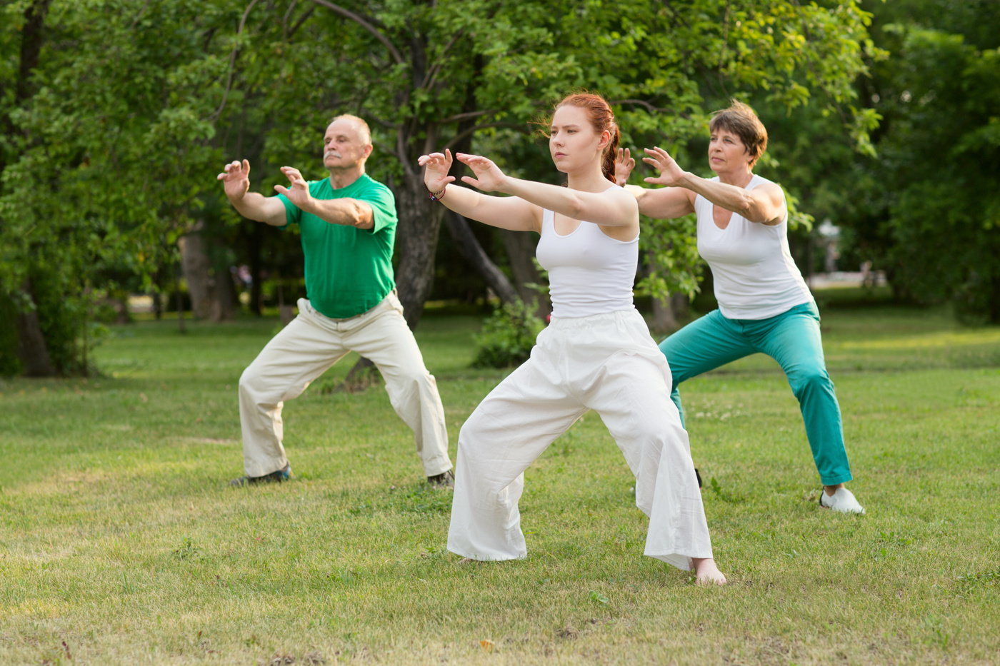 A group practicing Qi Gong in a park.